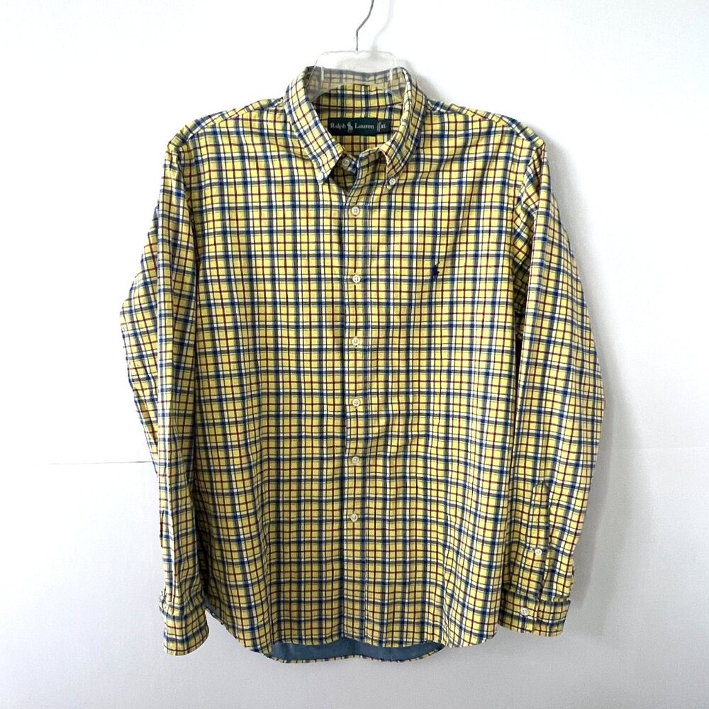 Ralph Lauren Shirt, Button Down, Yellow and Blue Plaid, Lined,  Size XL, EC